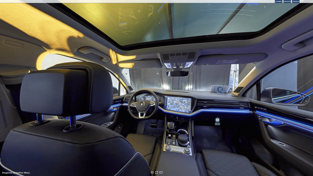 Screenshot of a 360-degree image inside the Volkswagen Touareg (2018).