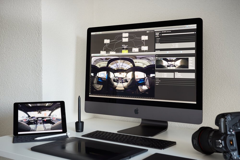 iMac Pro rendering a virtual tour, which is then tested on the iPad Pro.