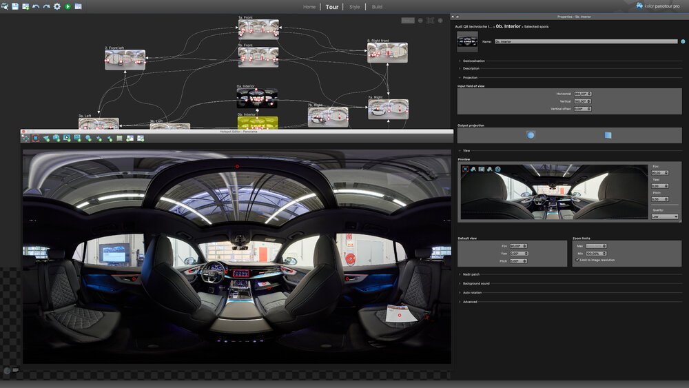 Linked 360-degree images in virtual tour software Panotour Pro with interactive hotspots.