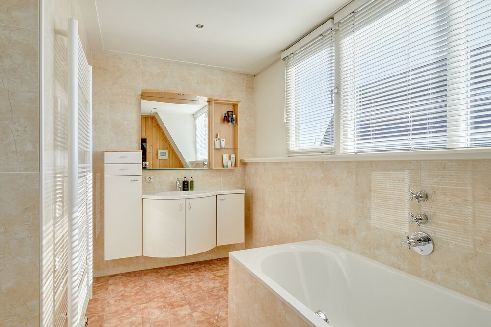 Bathroom with cast shadows.