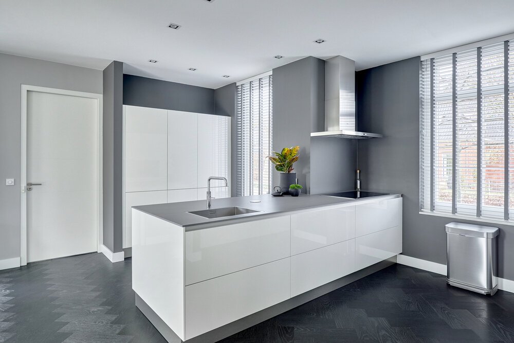 Interior photograph of the sleekly designed open kitchen