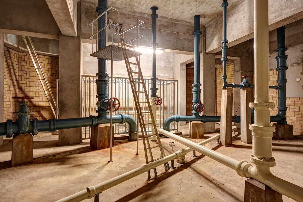 Water pipes and shut-off valves at watertoren Lippenhuizen (Friesland)