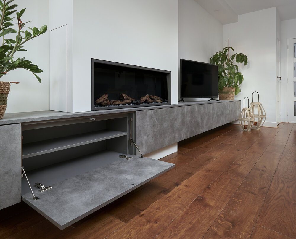 Plenty of storage space in fireplace unit