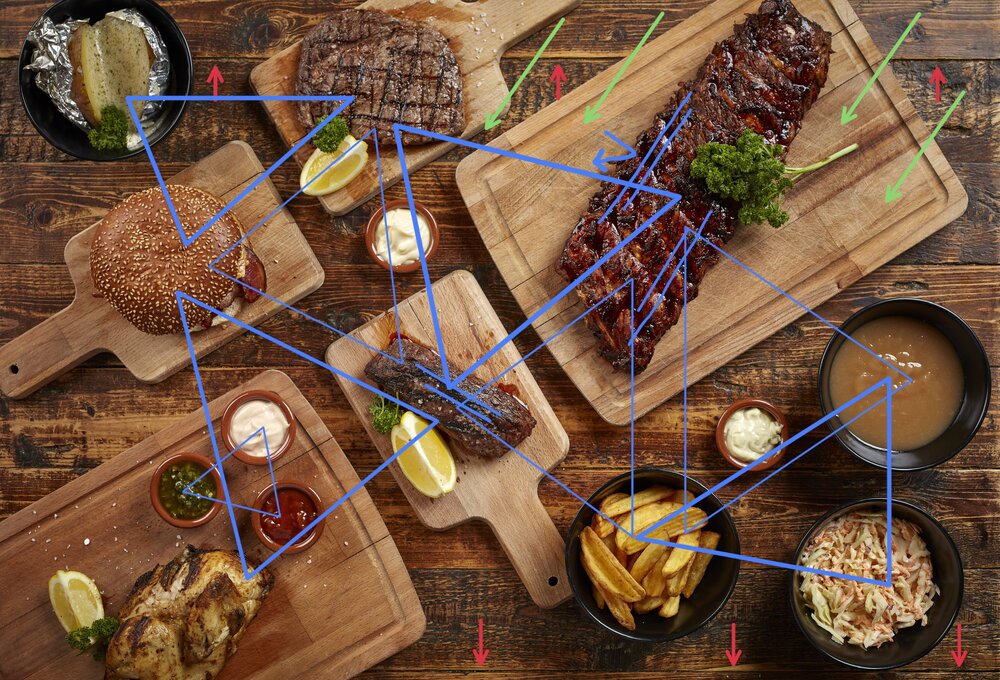 The viewer starts at the top with the light. From there I catch the viewer with lines from the boards, the food and the composed triangles. It takes more effort to get out of a triangle.