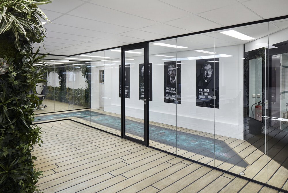 Corridor with glass walls.