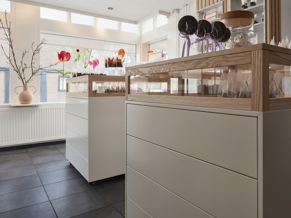 Hygienic and attractive display units with integrated storage.