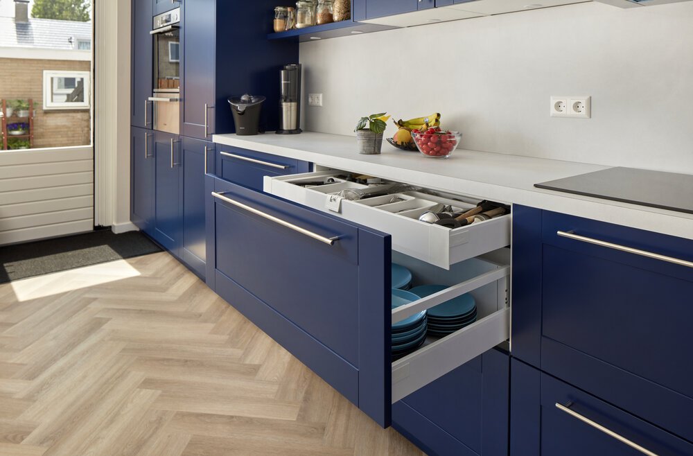 Additional storage with double-height drawers.