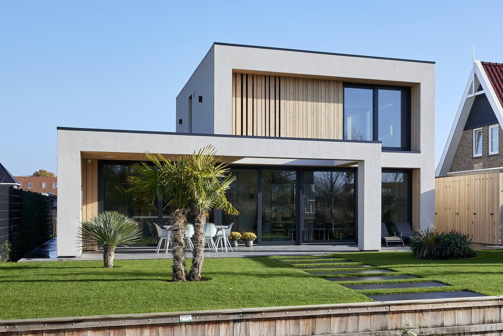 Rear exterior view of this modern villa.