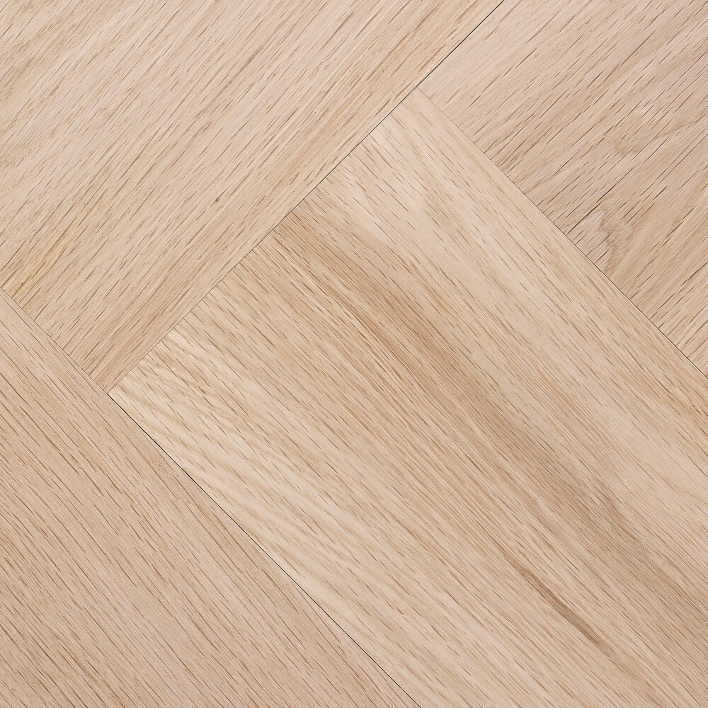 This oak engineered floor features a mix of different knots, giving it a natural and varied appearance. The floor is untreated, has a smooth finish, and a small bevel at the edges.
