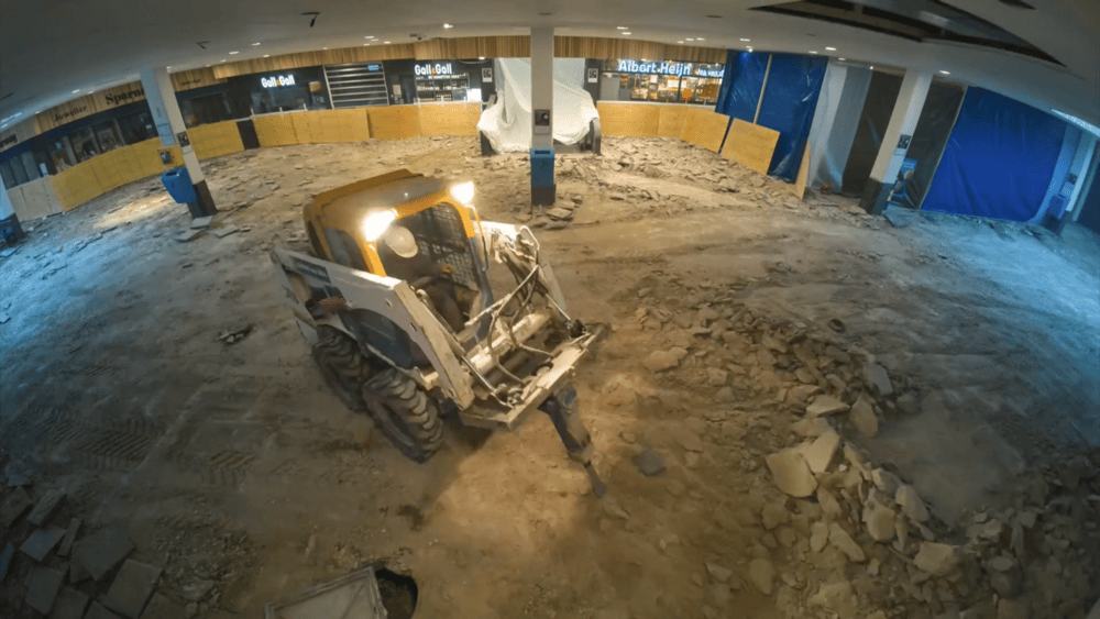 A still from the time-lapse footage during the later stages of demolition.
